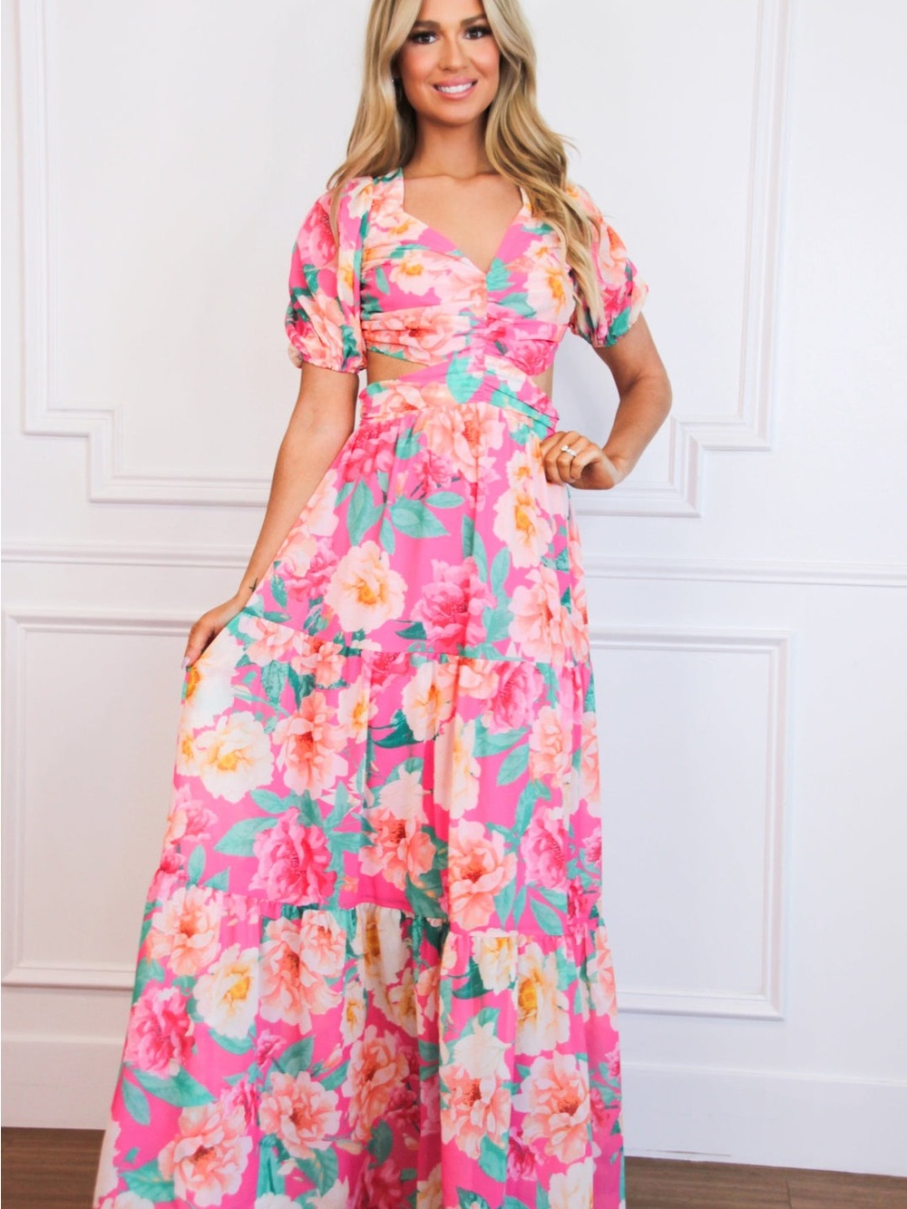 Flying Tomato Pink Floral Flowy Cutout Maxi Dress Sz M